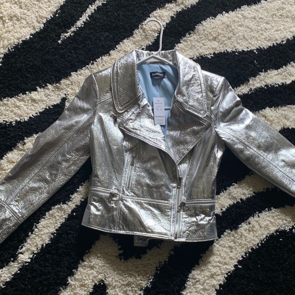 RARE silver moto leather Bebe jacket